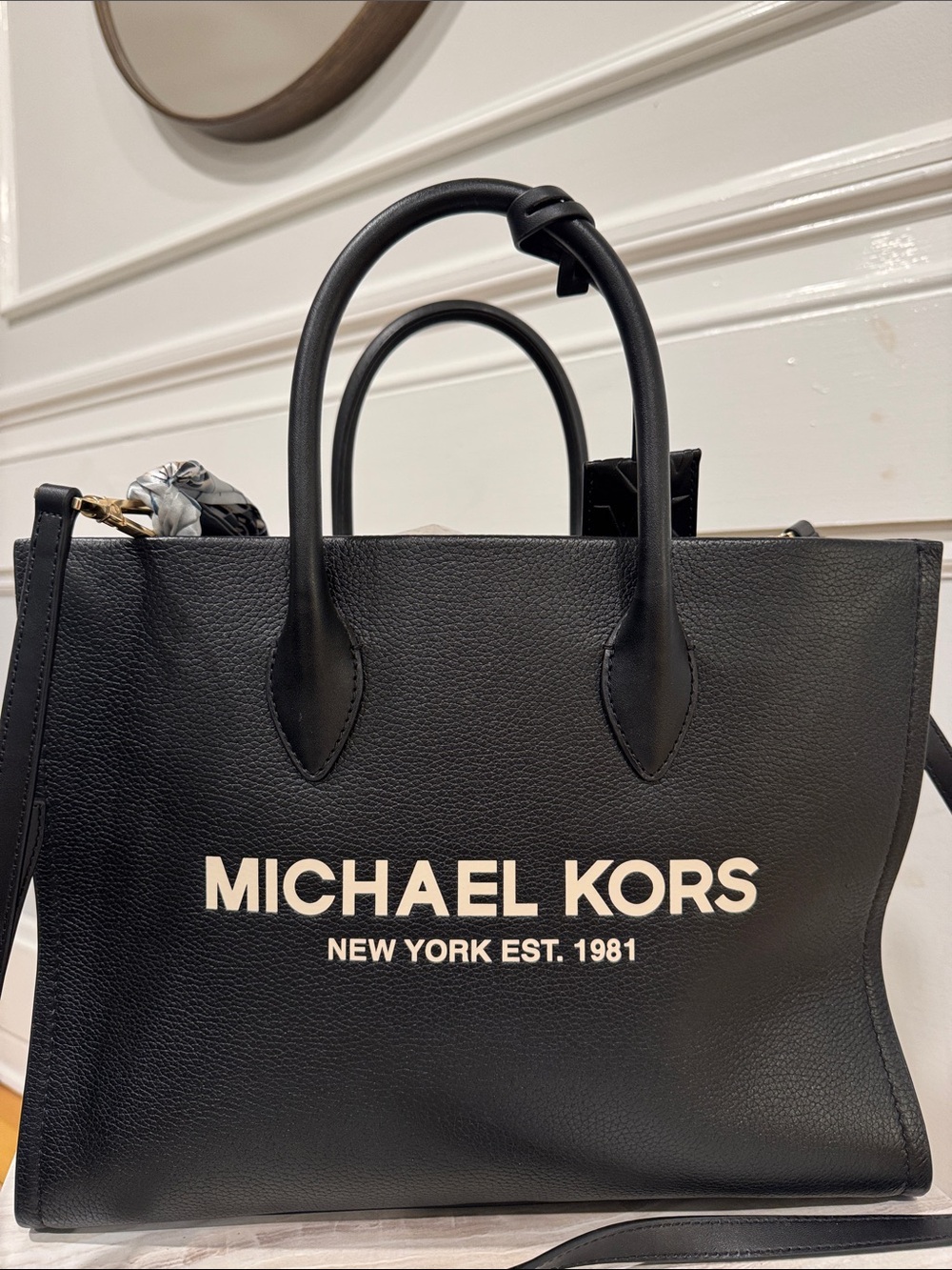 Michael Kors Bag Black Pebbled Leather Logo Structured Tote Satchel Crossbody - Picture 4 of 17